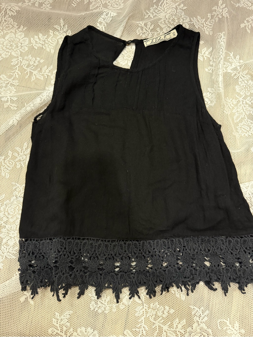 Chloe Black Sleeveless Crocheted-Hem Camisole